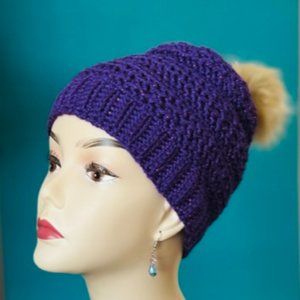 Purple sparkly beanie with fauxfur pompom